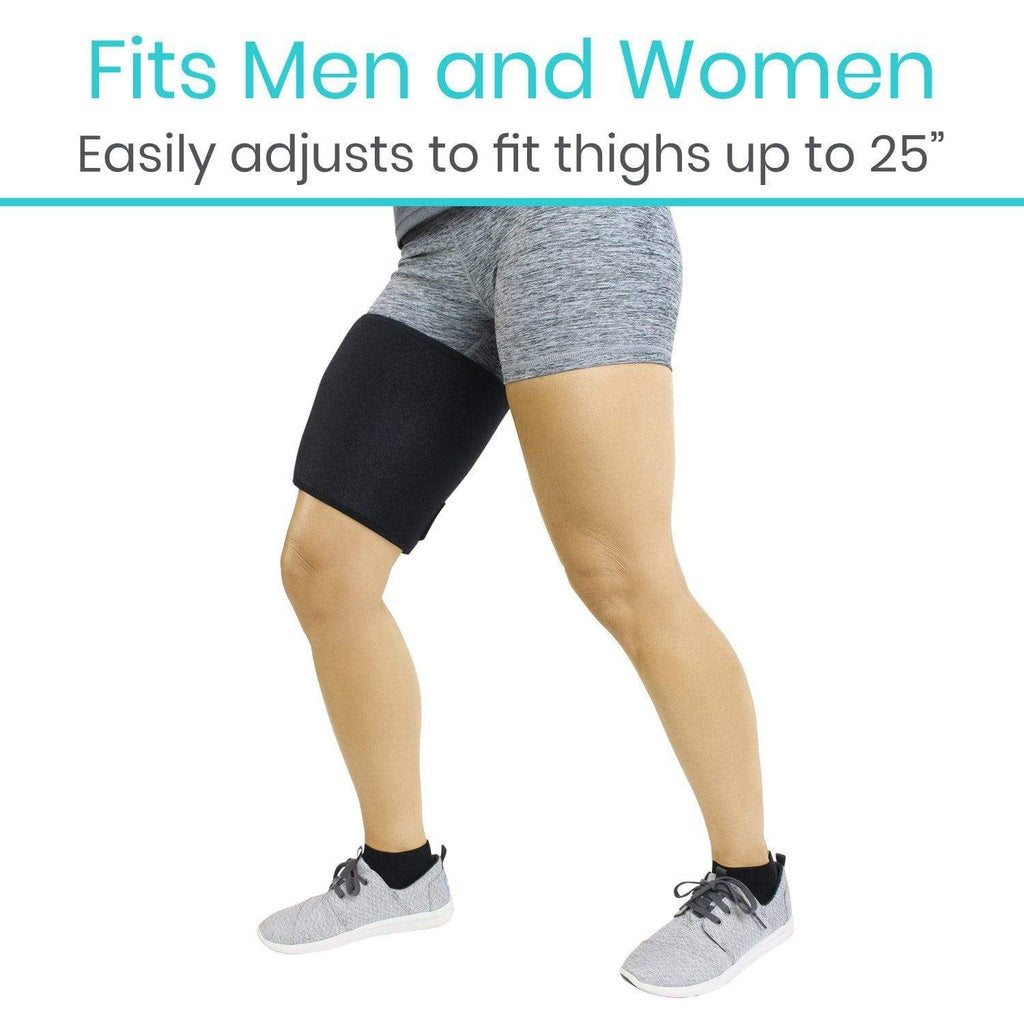 Person wearing a black knee brace with text indicating it fits men and women and adjusts to thighs up to 25 inches.