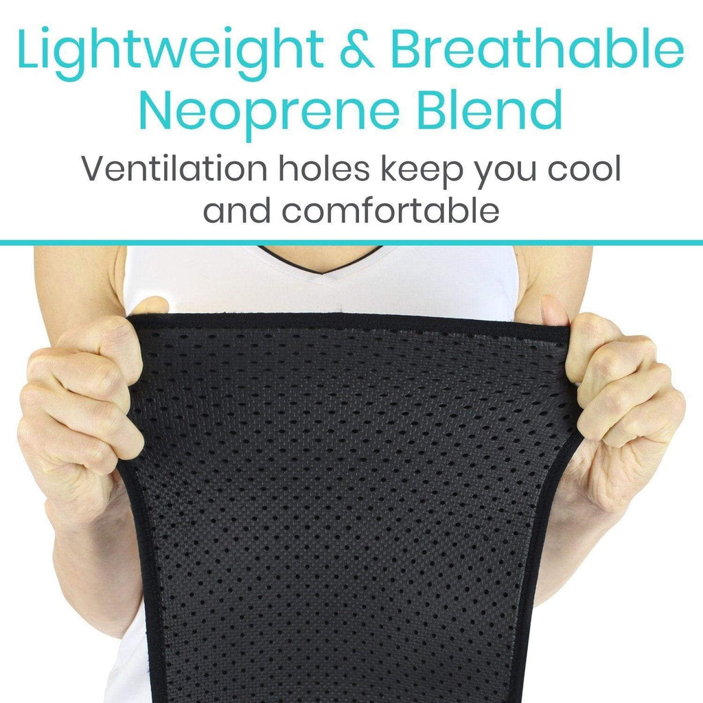 Person holding a black neoprene blend material with text about its lightweight, breathable properties.