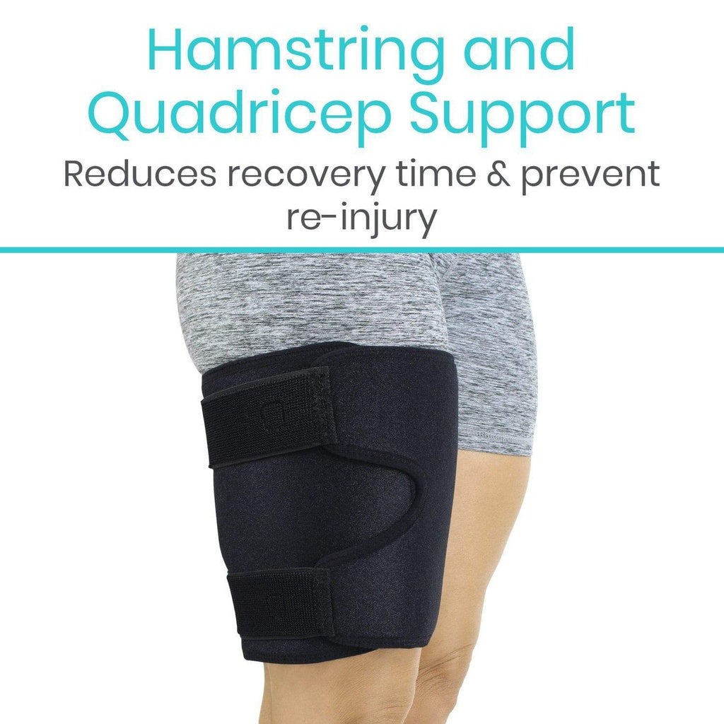 Black knee brace on a person's leg with text about hamstring and quadricep support.