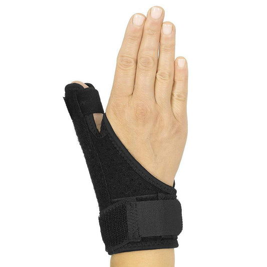 Black wrist support brace on a hand against a white background