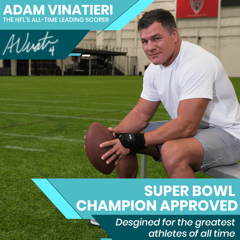 Man sitting on a football field holding a football, with text about Adam Vinatieri and Super Bowl approval.