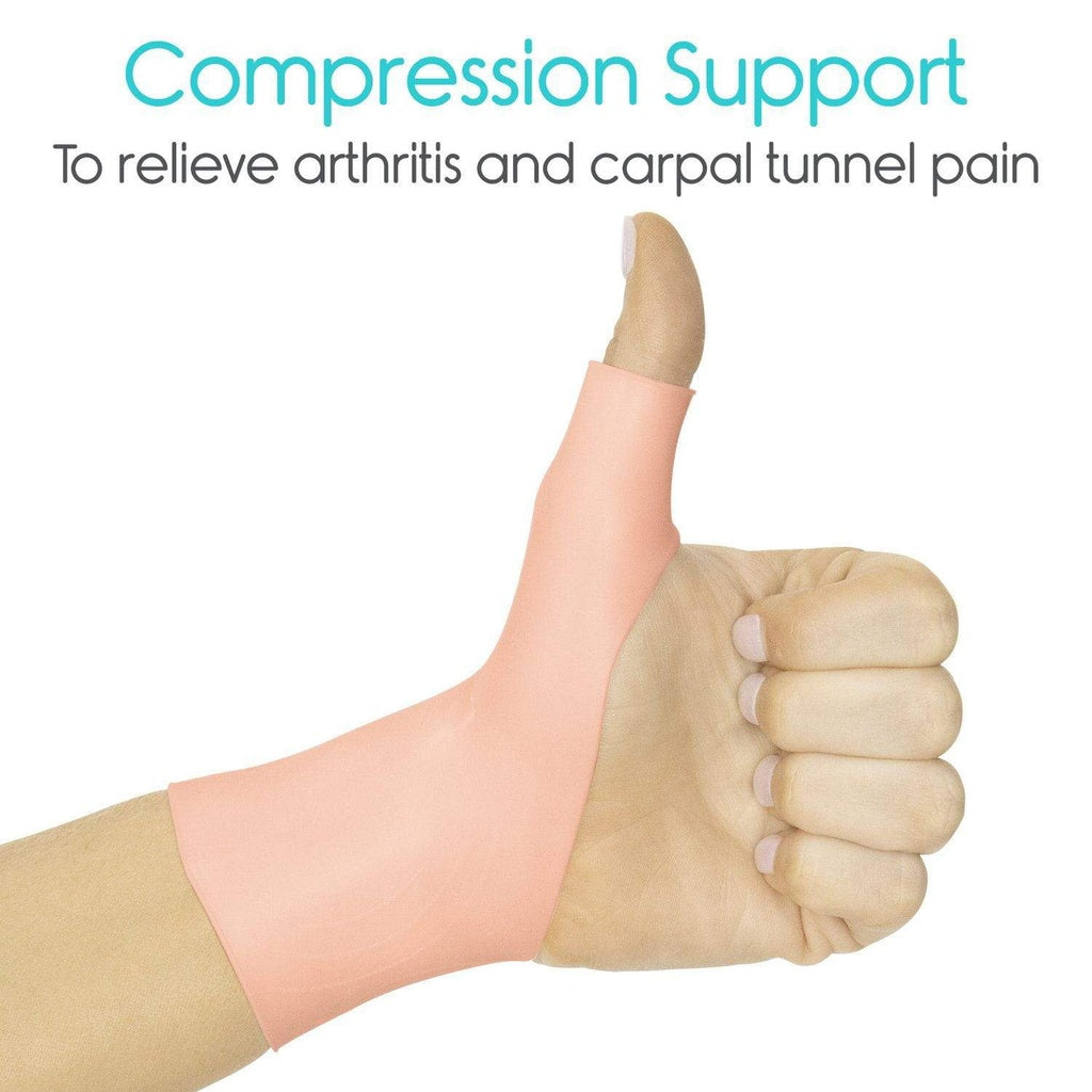 Compression support glove with a thumb giving a thumbs-up on a white background, labeled for arthritis and carpal tunnel pain relief.