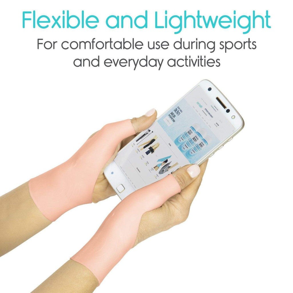 Hand holding a smartphone with text about flexible and lightweight design for comfort during sports and daily activities.