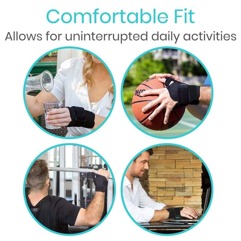 Product advertisement showing people using a brace in various activities with text 'Comfortable Fit Allows for uninterrupted daily activities'.