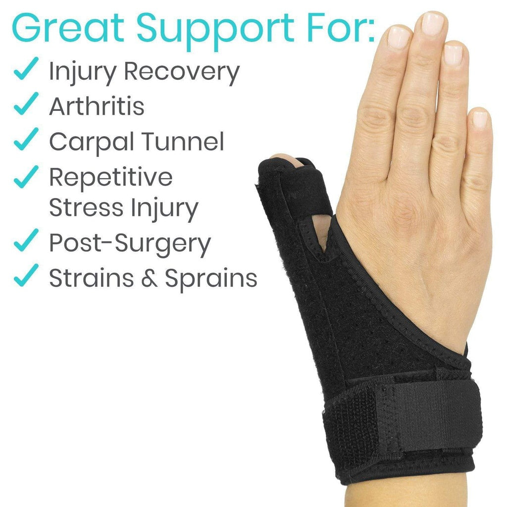 Black wrist support brace on a hand with text listing conditions it supports.
