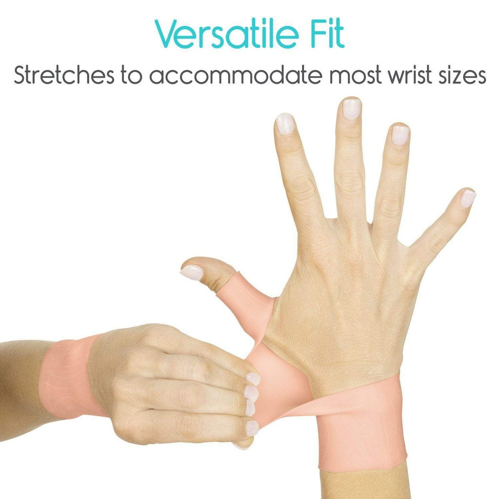 Beige wrist support band with text 'Versatile Fit' on a white background