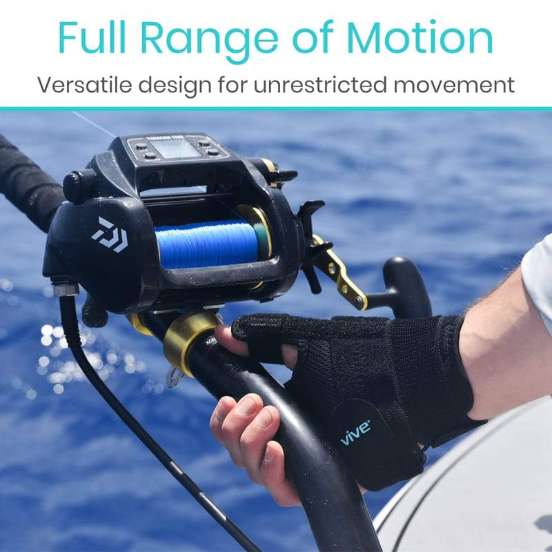 Fishing reel held by a person with water in the background, emphasizing 'Full Range of Motion' and 'Versatile design for unrestricted movement'.