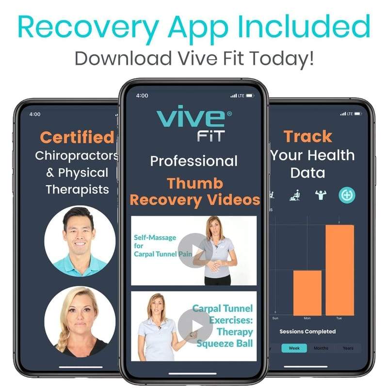 Smartphone displaying the Vive Fit app with recovery videos and health data tracking features.
