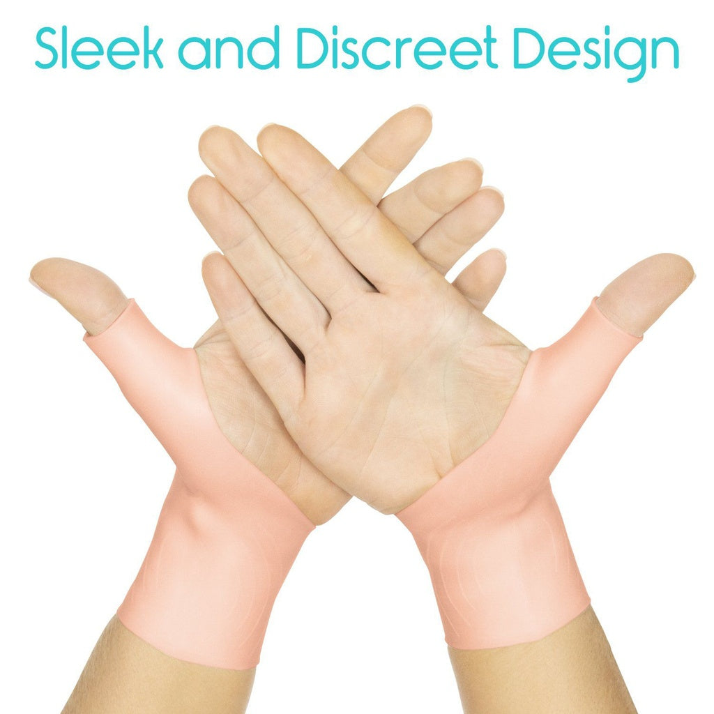 Beige gloves being worn on a white background with text 'Sleek and Discreet Design'.