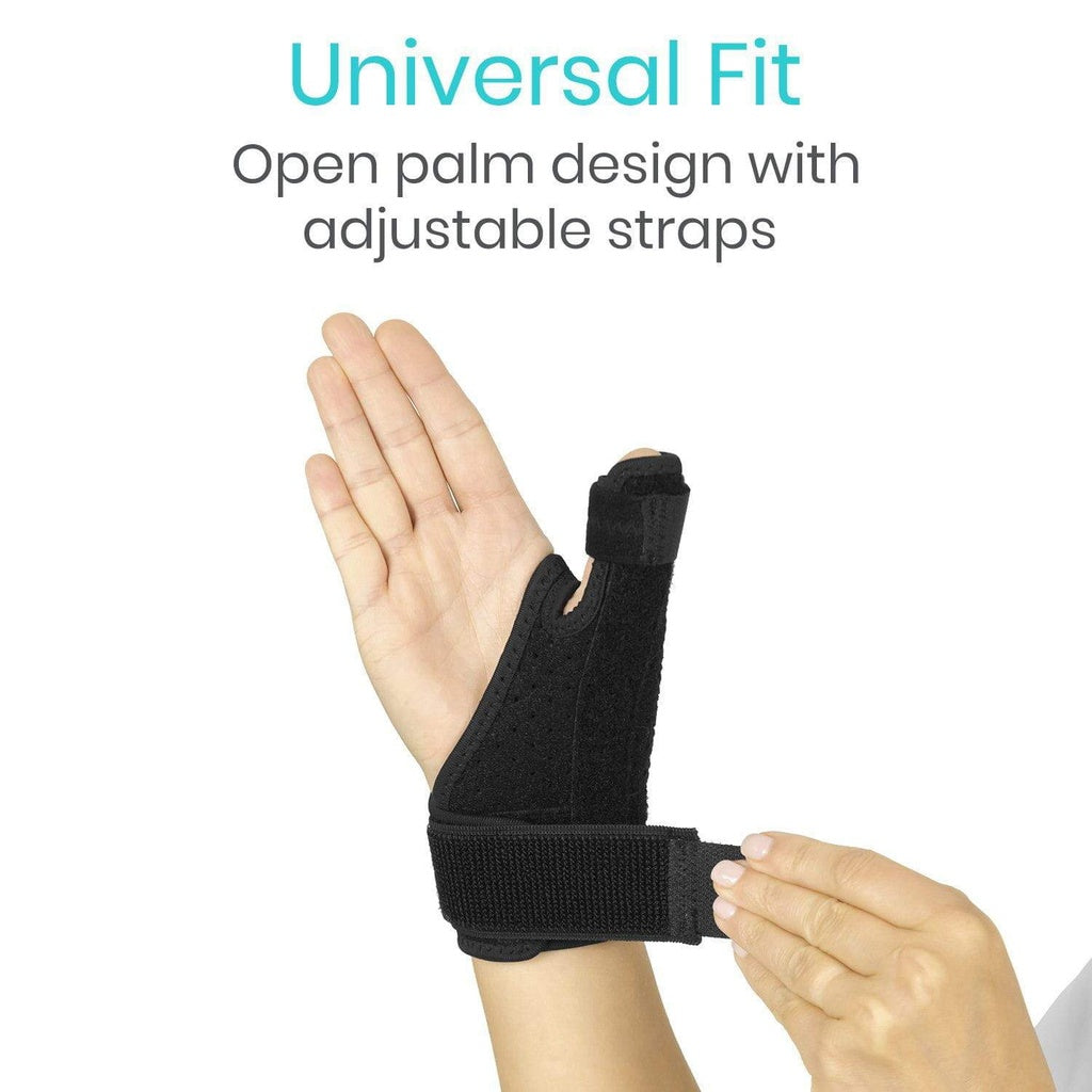 Hand wearing a black wrist support brace with adjustable straps on a white background.