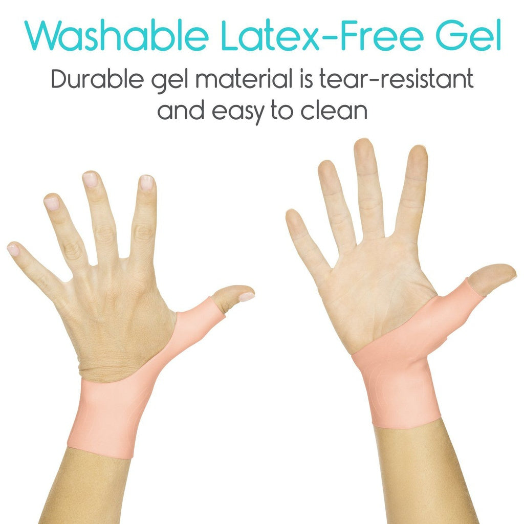 Hands wearing washable latex-free gel gloves with text about durability and ease of cleaning.