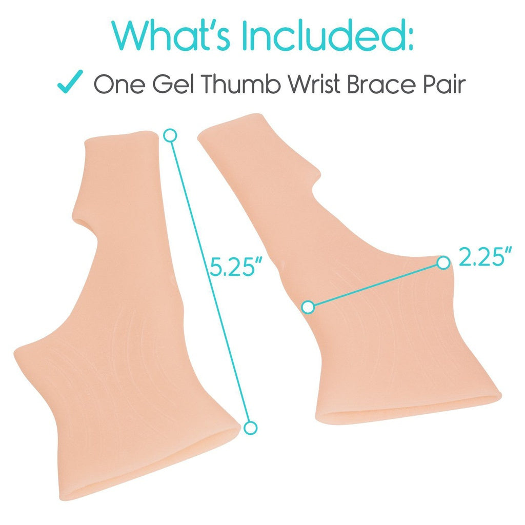 Gel thumb wrist brace pair with measurements on a white background