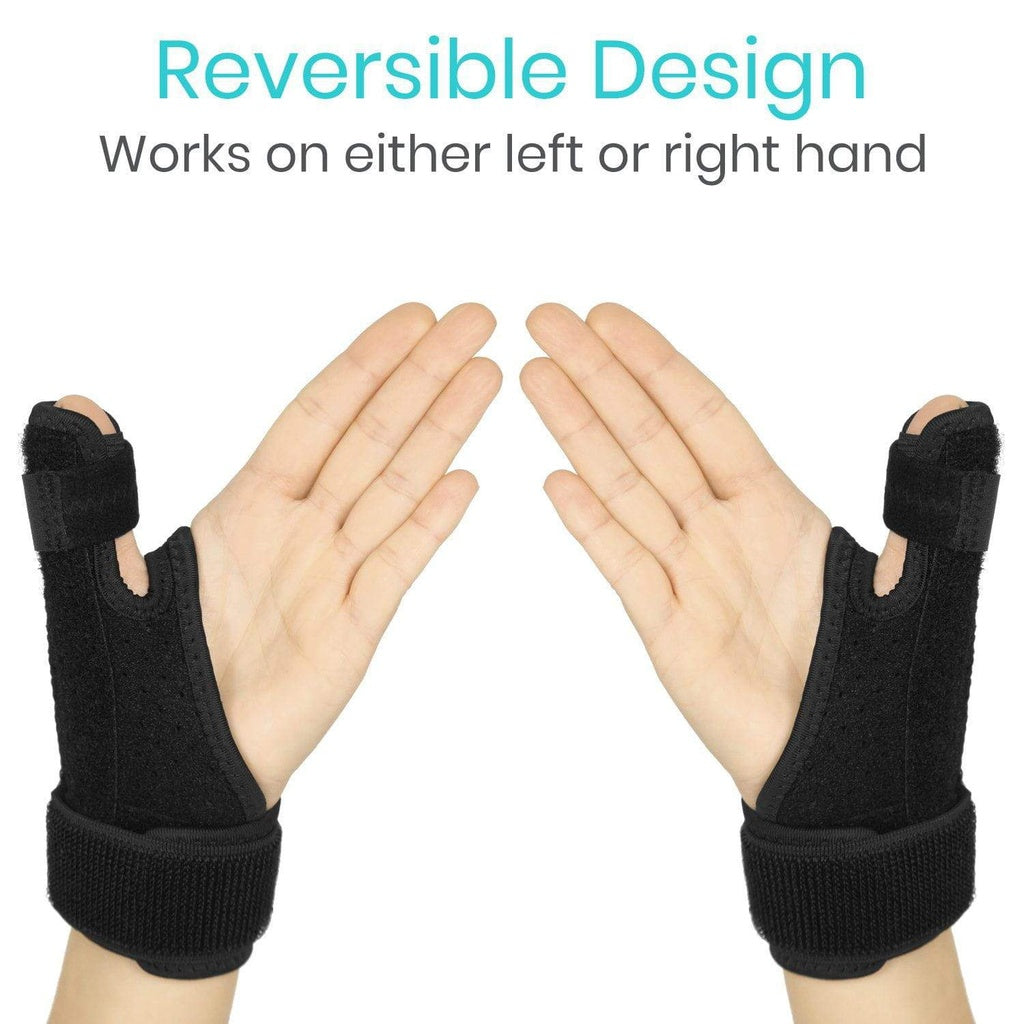 Black reversible glove on a white background with text indicating it works on either left or right hand.