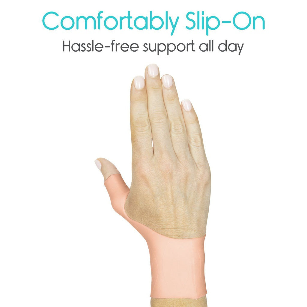 Hand wearing a beige glove with text 'Comfortably Slip-On' and 'Hassle-free support all day' on a white background.