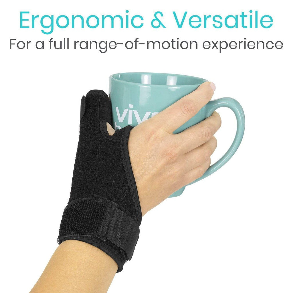 Hand wearing a black wrist support holding a teal mug with 'VIVA' branding on a white background.