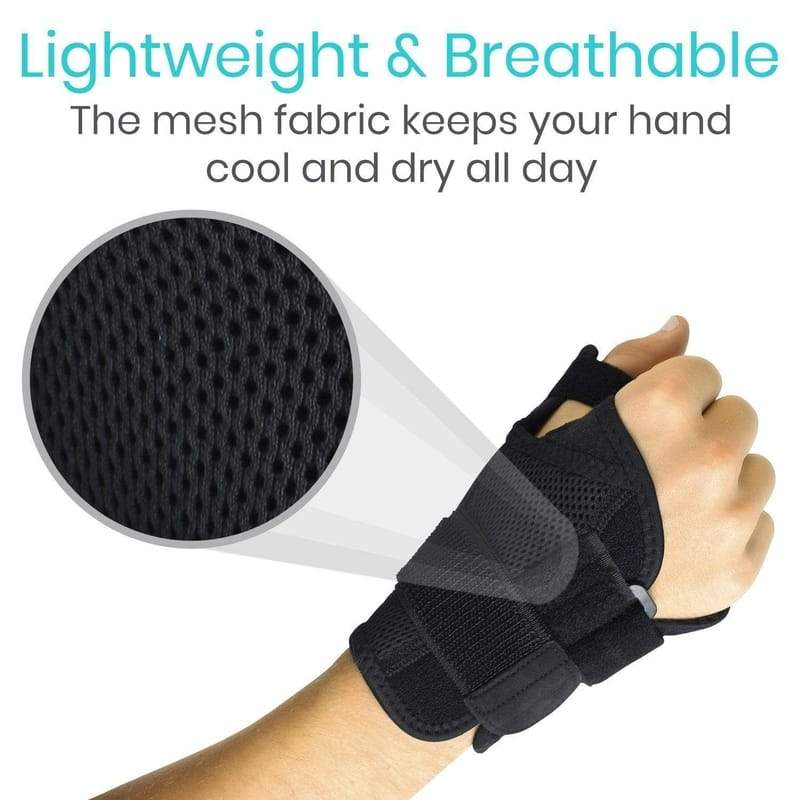 Black wrist support brace with mesh fabric on a white background