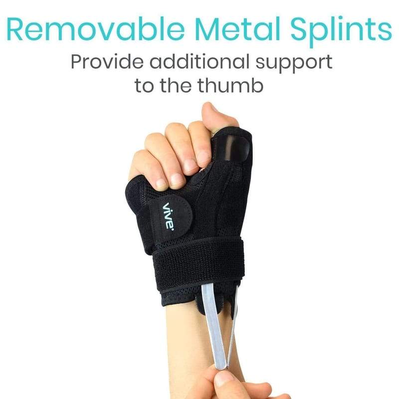 Black thumb support brace with text about removable metal splints on a white background