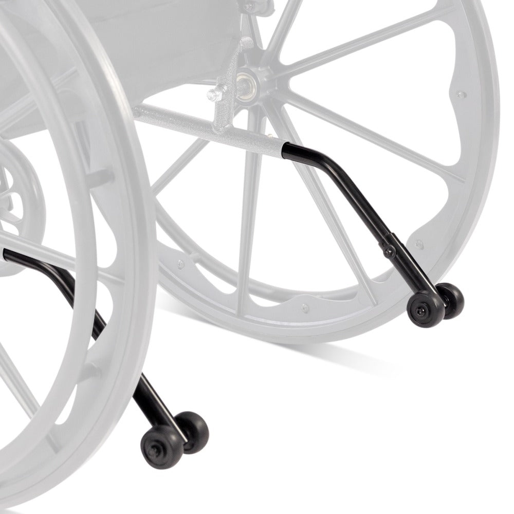 Close-up of a wheelchair wheel with a black brake lever on a white background