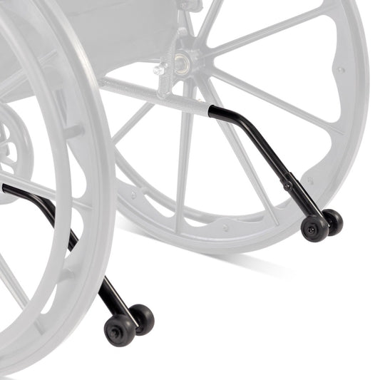 Close-up of a wheelchair wheel with a black brake lever on a white background
