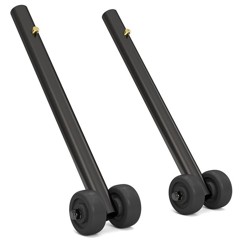 Two black metal stands with wheels on a white background