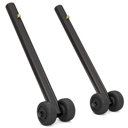 Two black metal stands with wheels on a white background