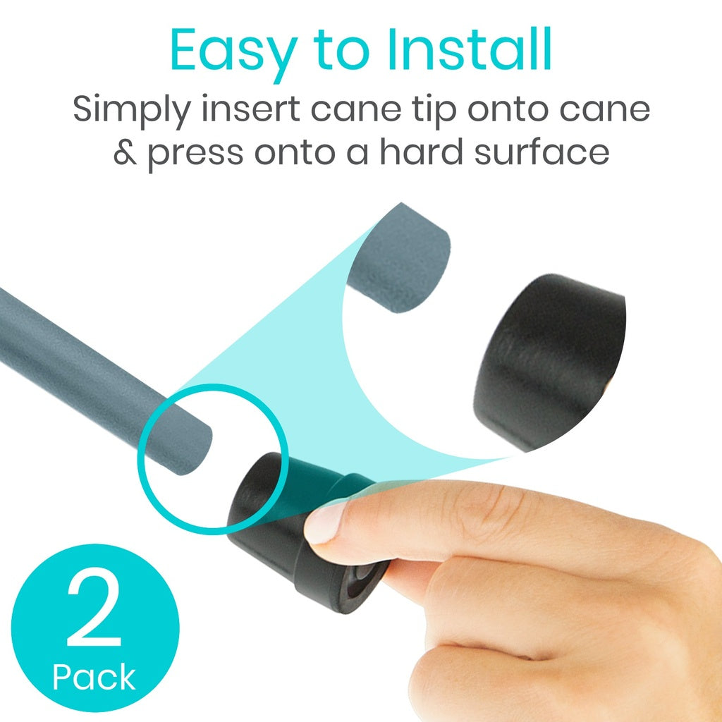 Hand holding a cane tip with text on how to install it, labeled as '2 Pack'.