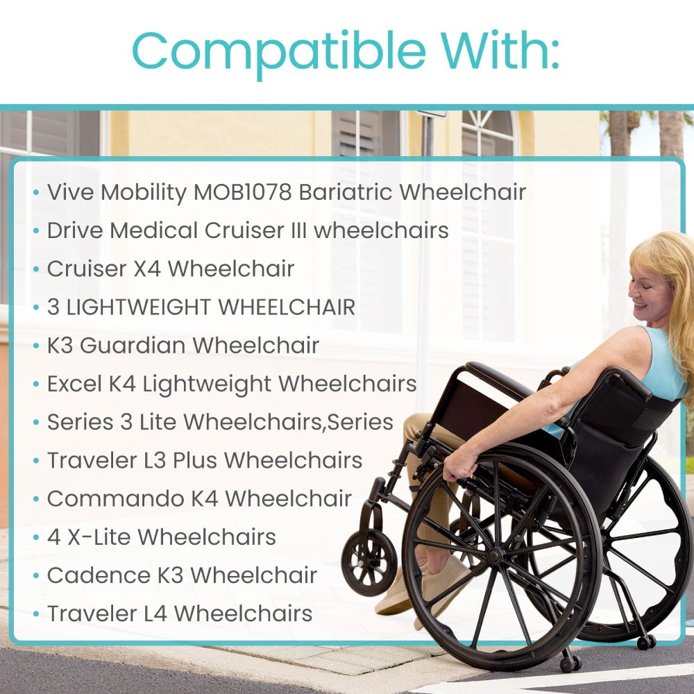 Woman using a wheelchair with a list of compatible wheelchairs displayed on the screen.
