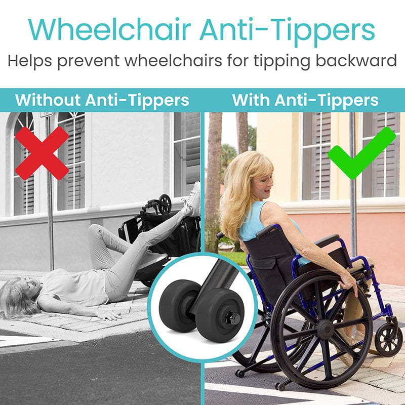 Wheelchair anti-tippers product showing before and after scenarios with a woman using a wheelchair.