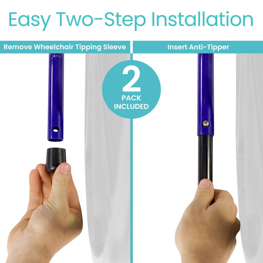 Two hands installing an anti-tipper on a wheelchair with text indicating easy two-step installation.