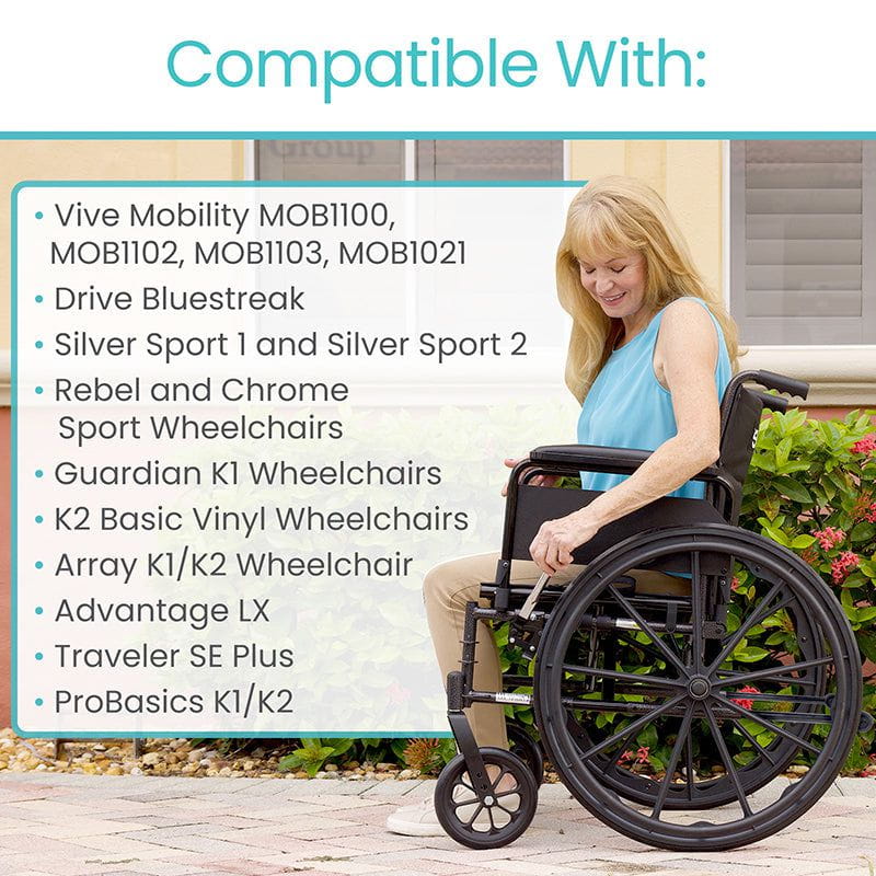 Woman using a wheelchair with a list of compatible wheelchairs displayed on a screen.