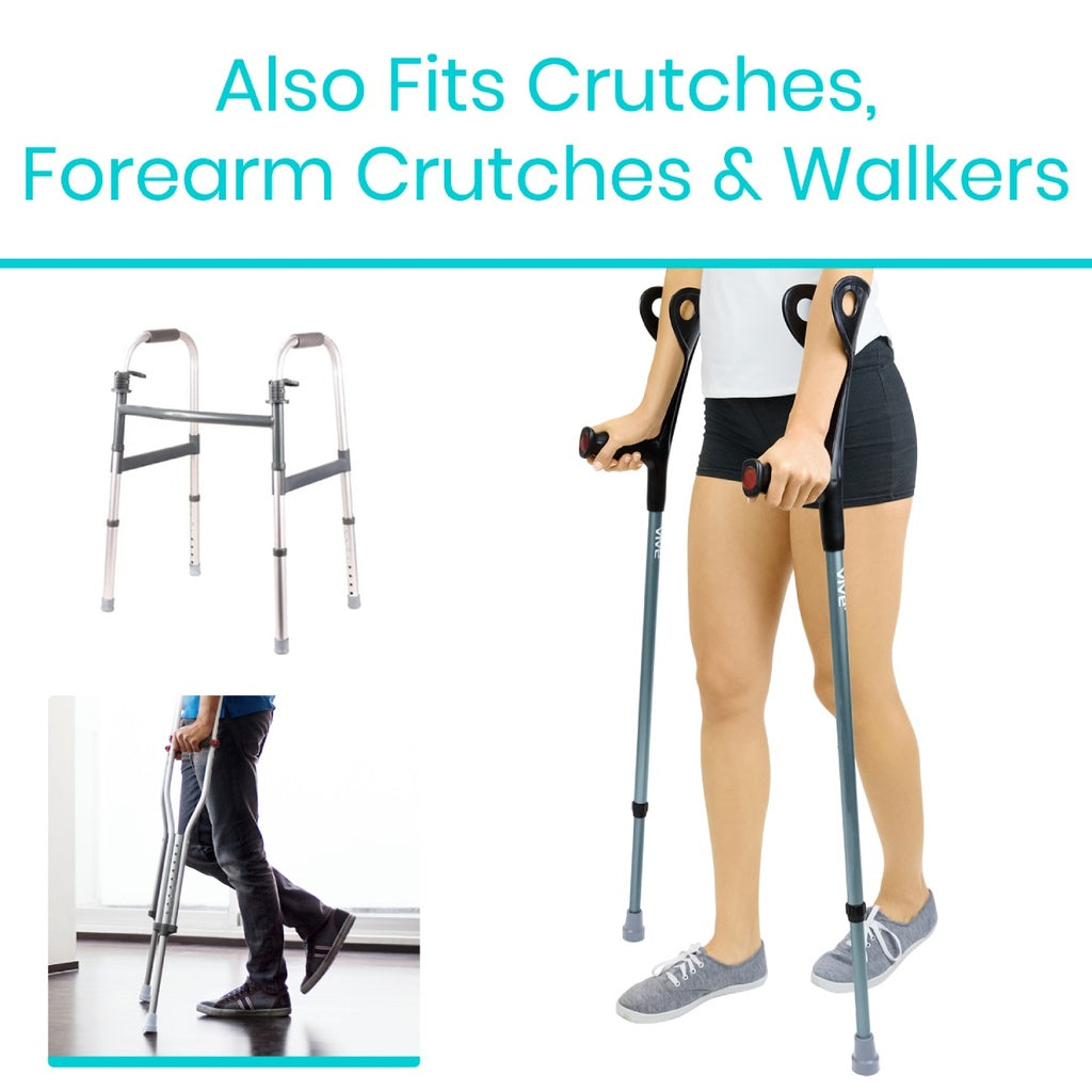 Product advertisement showing crutches, forearm crutches, and walkers with text indicating compatibility.