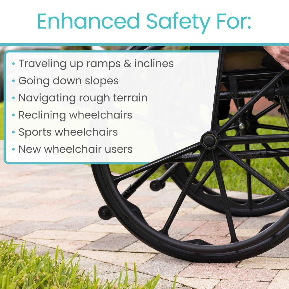 Wheelchair with enhanced safety features on a paved path.
