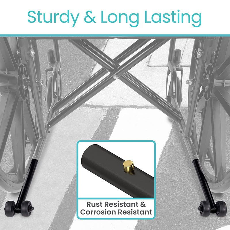 Metal frame with wheels and a close-up of a rust-resistant component, labeled 'Sturdy & Long Lasting'.