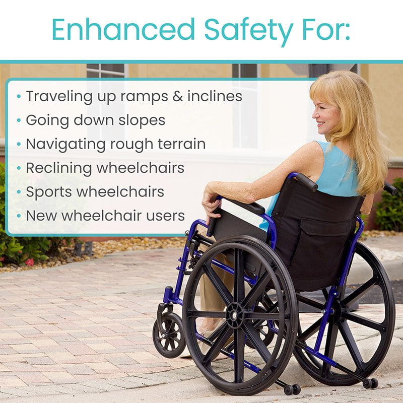 Woman using a wheelchair with text highlighting its safety features on a sidewalk.