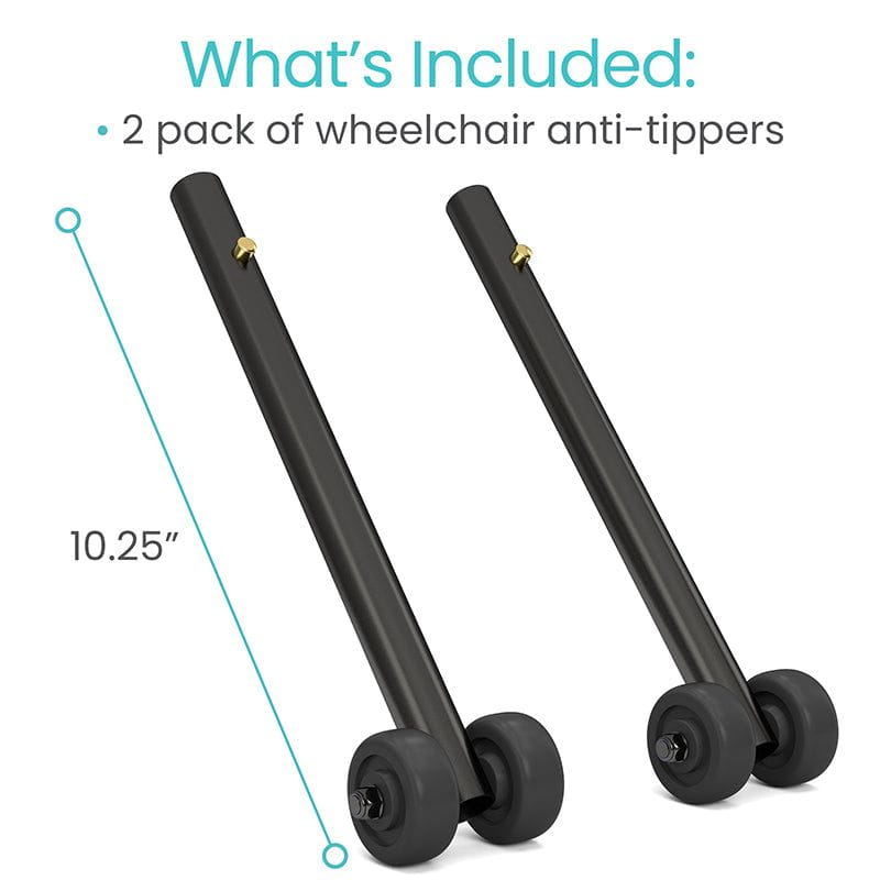 Two wheelchair anti-tippers with dimensions on a white background