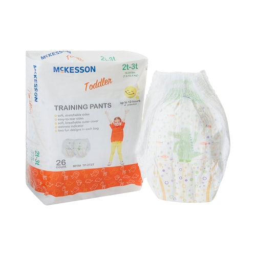 Mckesson toddler training pants packaging with a single diaper displayed on a white background