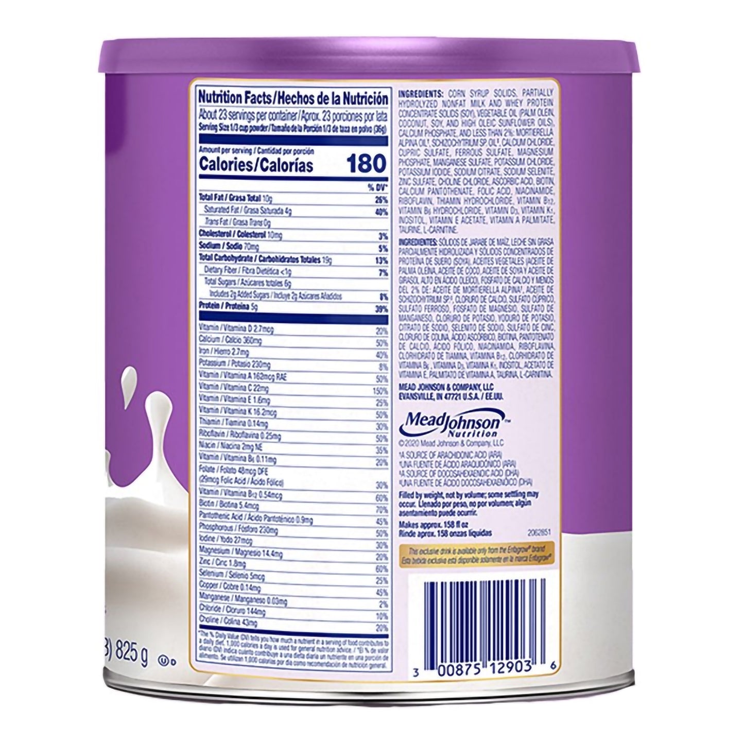 Back of a Mead Johnson baby formula can with nutrition facts and ingredients listed.