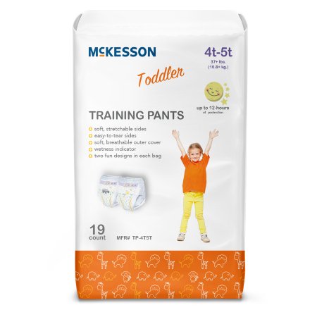 Package of McKesson toddler training pants with a child illustration on a white background
