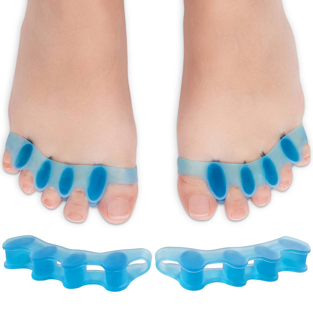 Blue toe separators on feet with a clear background
