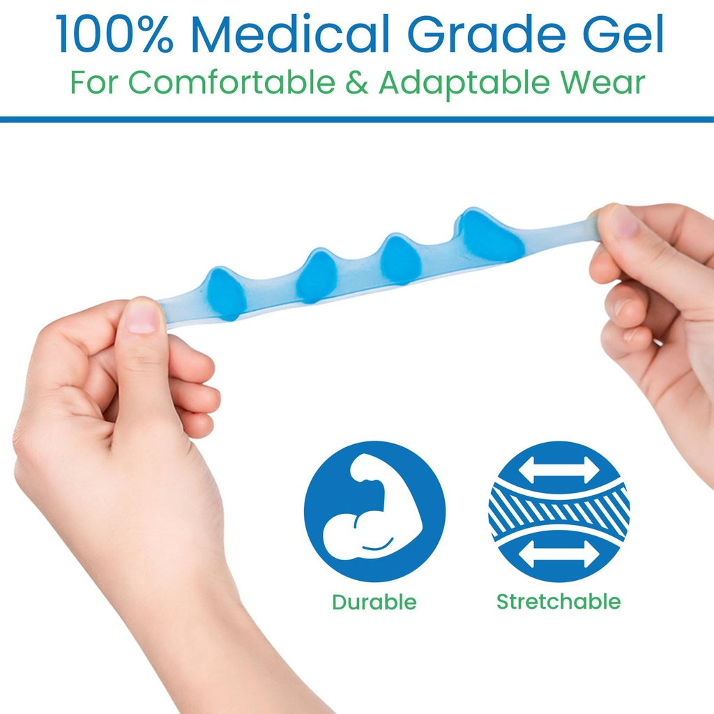 Blue medical-grade gel strip held by hands with 'Durable' and 'Stretchable' icons below.