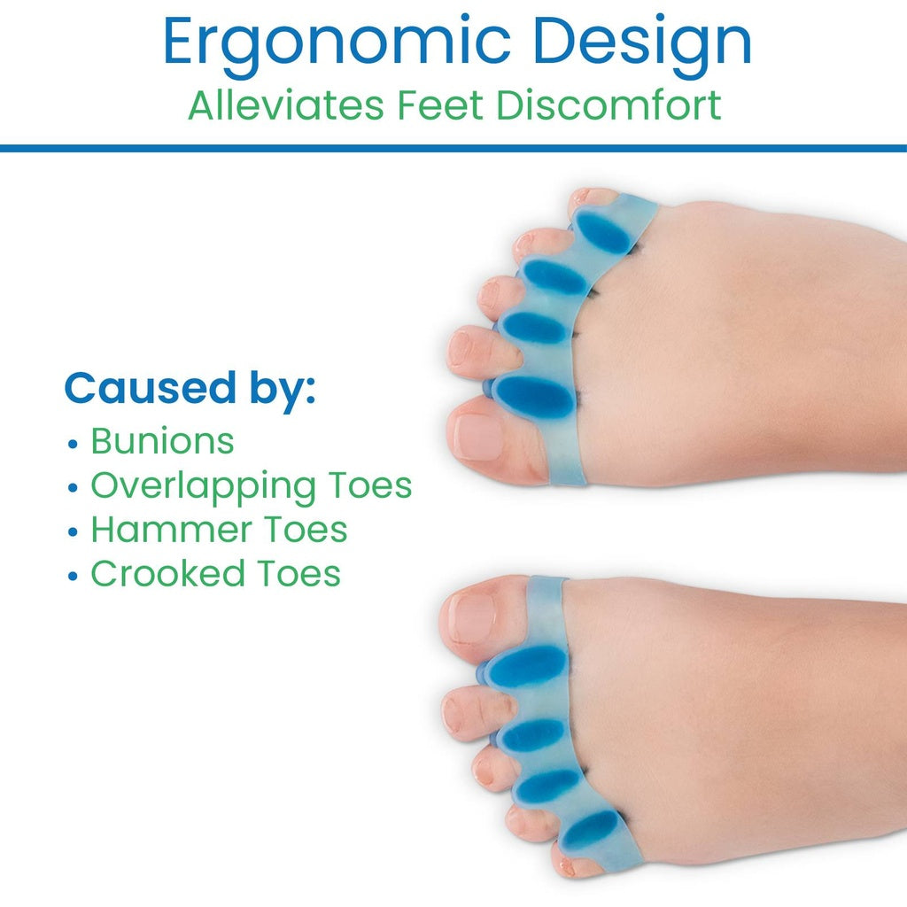 Ergonomic toe separators with text on a white background