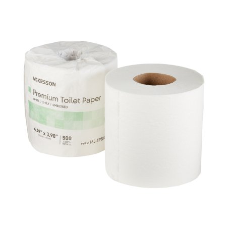 Two rolls of McKesson premium toilet paper on a white background