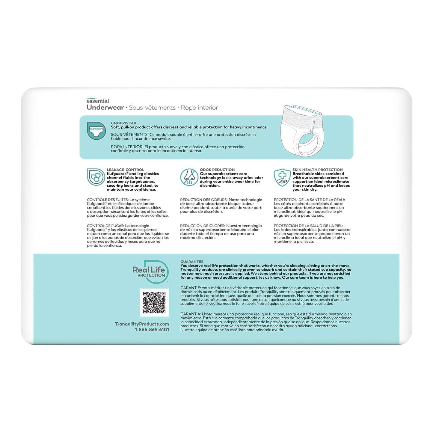 Back view of a package of Tranquility Products undergarments with text and branding.