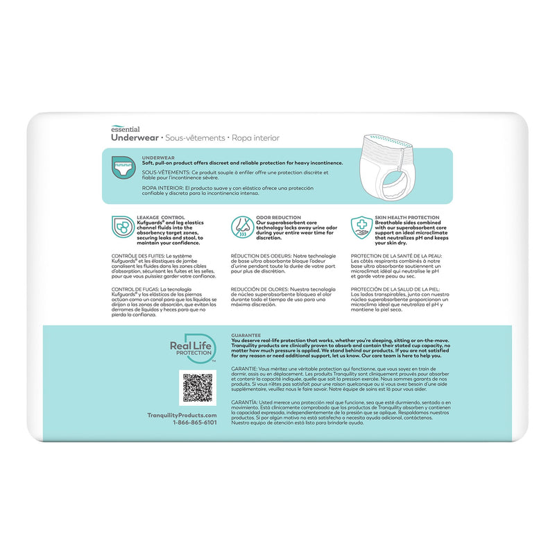 Back view of a package of Tranquility Products undergarments with text and branding.