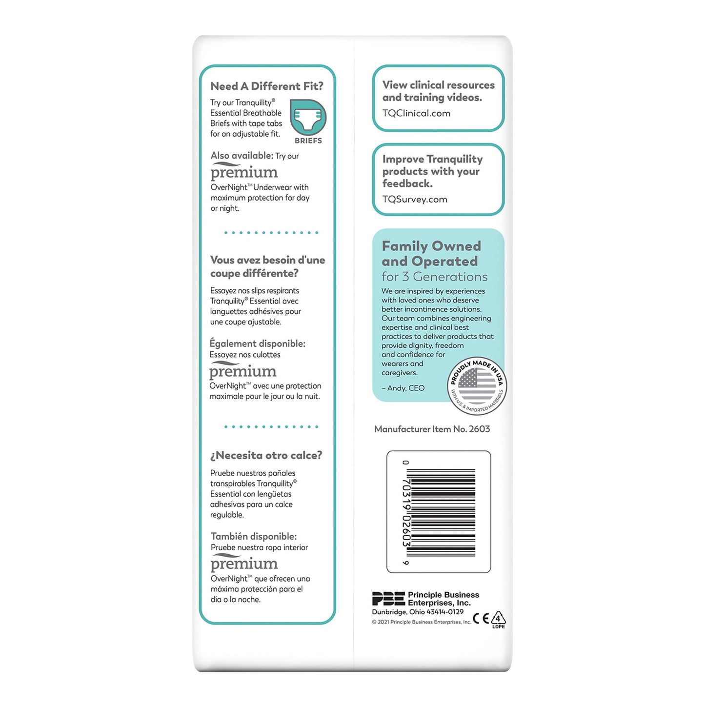 Back of a packaging box for Tranquility products with text and branding.