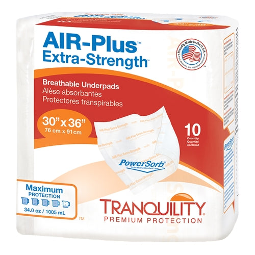 Package of Tranquility Air-Plus Extra-Strength breathable underpads on a white background