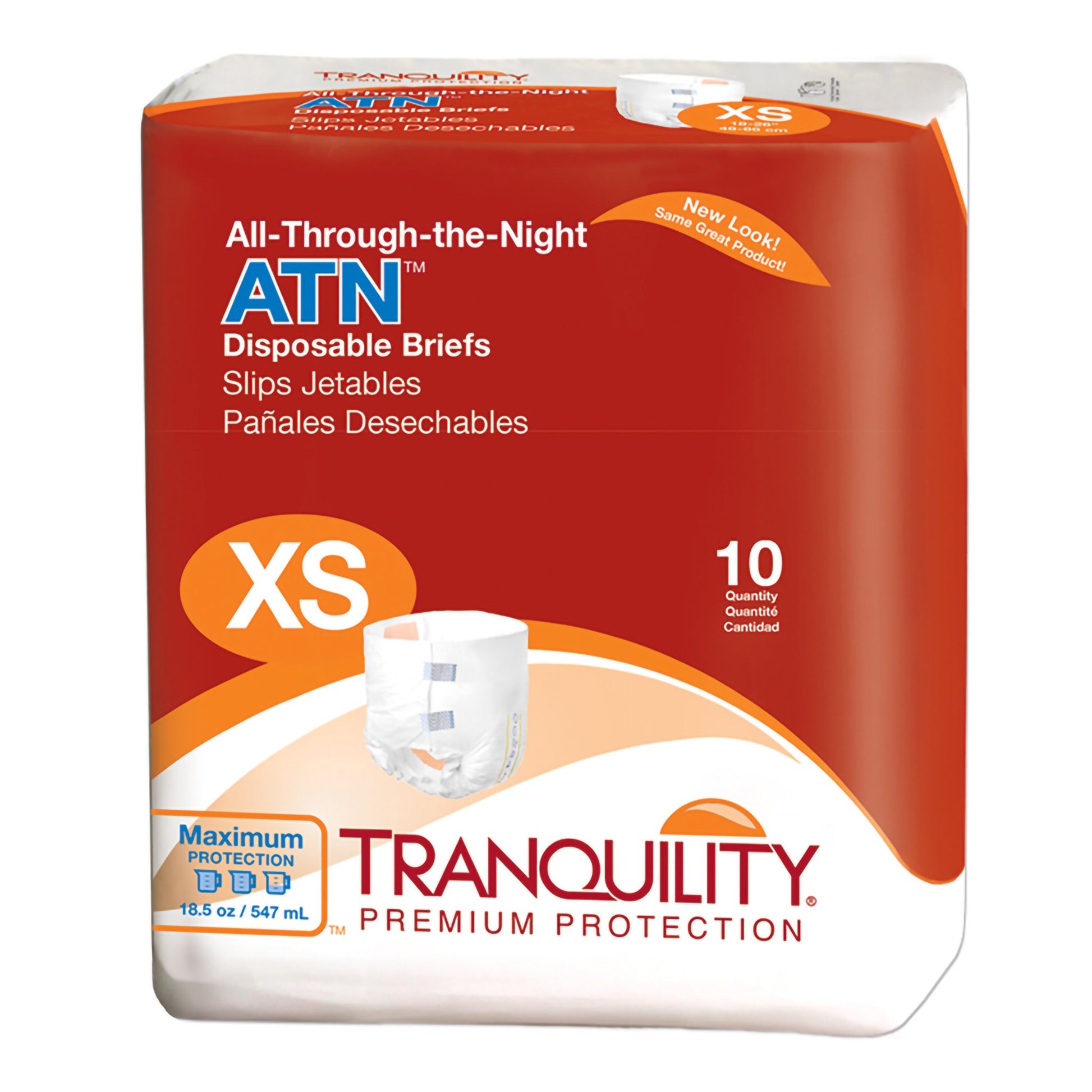 Pack of Tranquility ATN disposable briefs for children in size XS on a white background