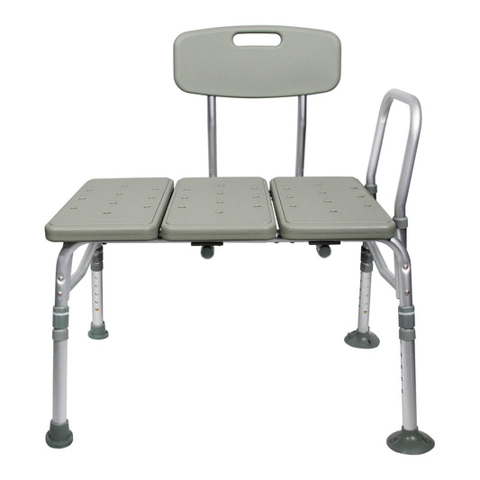Gray adjustable bath seat with backrest and handles on a white background