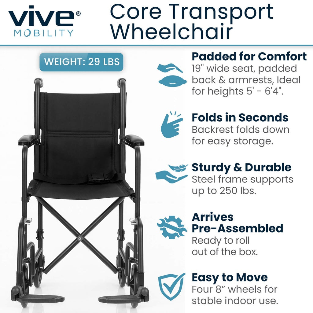 Vive Mobility Core Transport Wheelchair with features listed on a white background