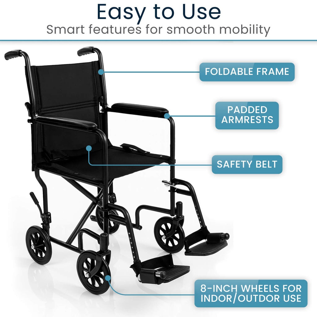 Black wheelchair with features highlighted on a white background